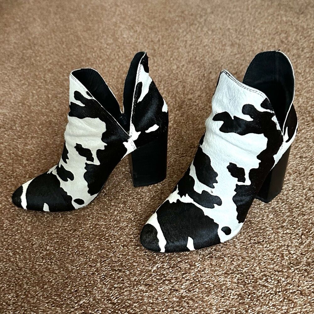 Steve Madden Cow Calf Hair Leather Ankle Boots Women 7.5 Blk White Slip On Edgy